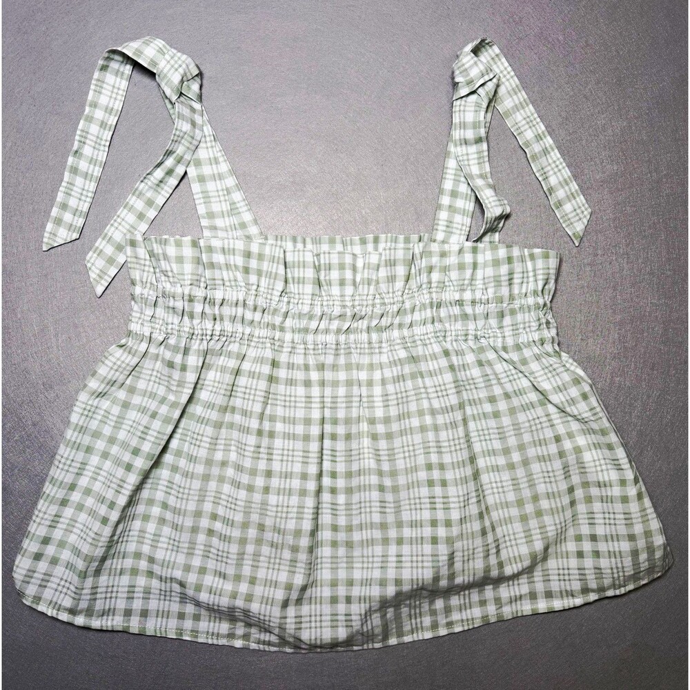 Sophie Rue Womens L Sage Green Plaid Smocked Tie Shoulder Cottagecore NWT